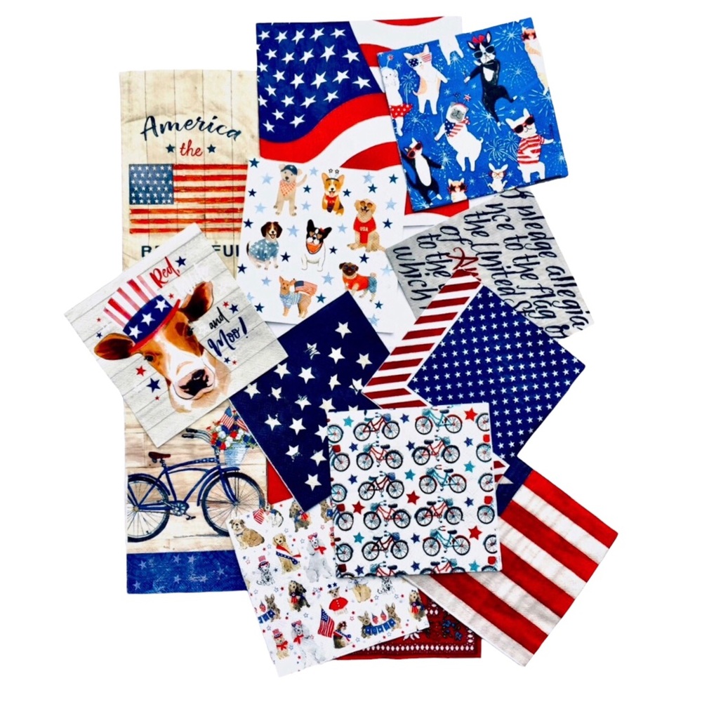 4th of July Decoupage Napkin Bundle Patriotic Stars & Stripes US Flag, 13 pcs